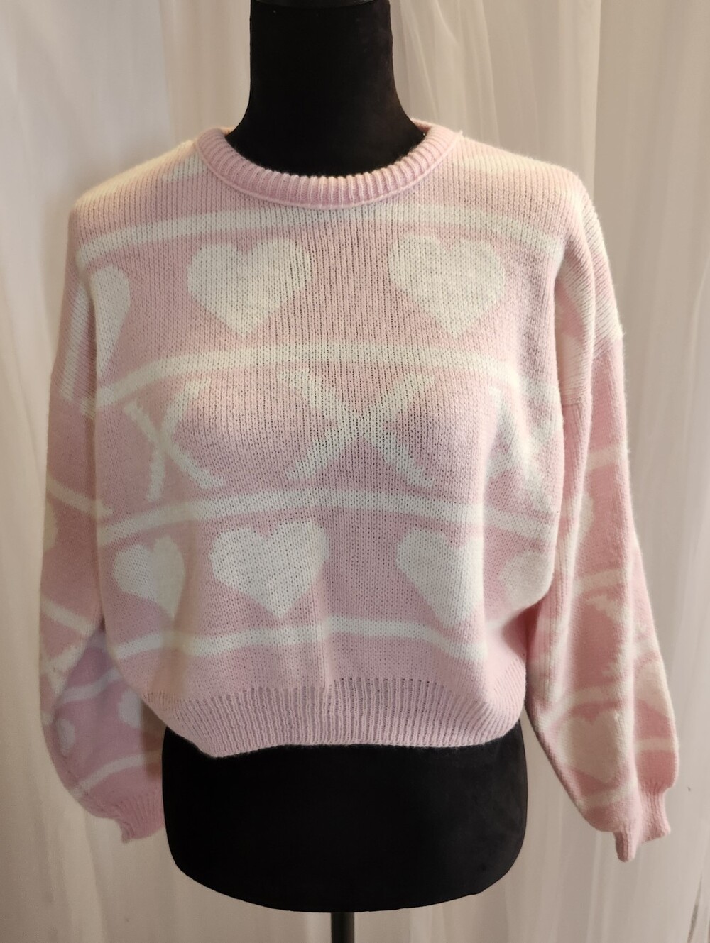 Women's Vintage Pink Heart Pattern Crewneck Sweater